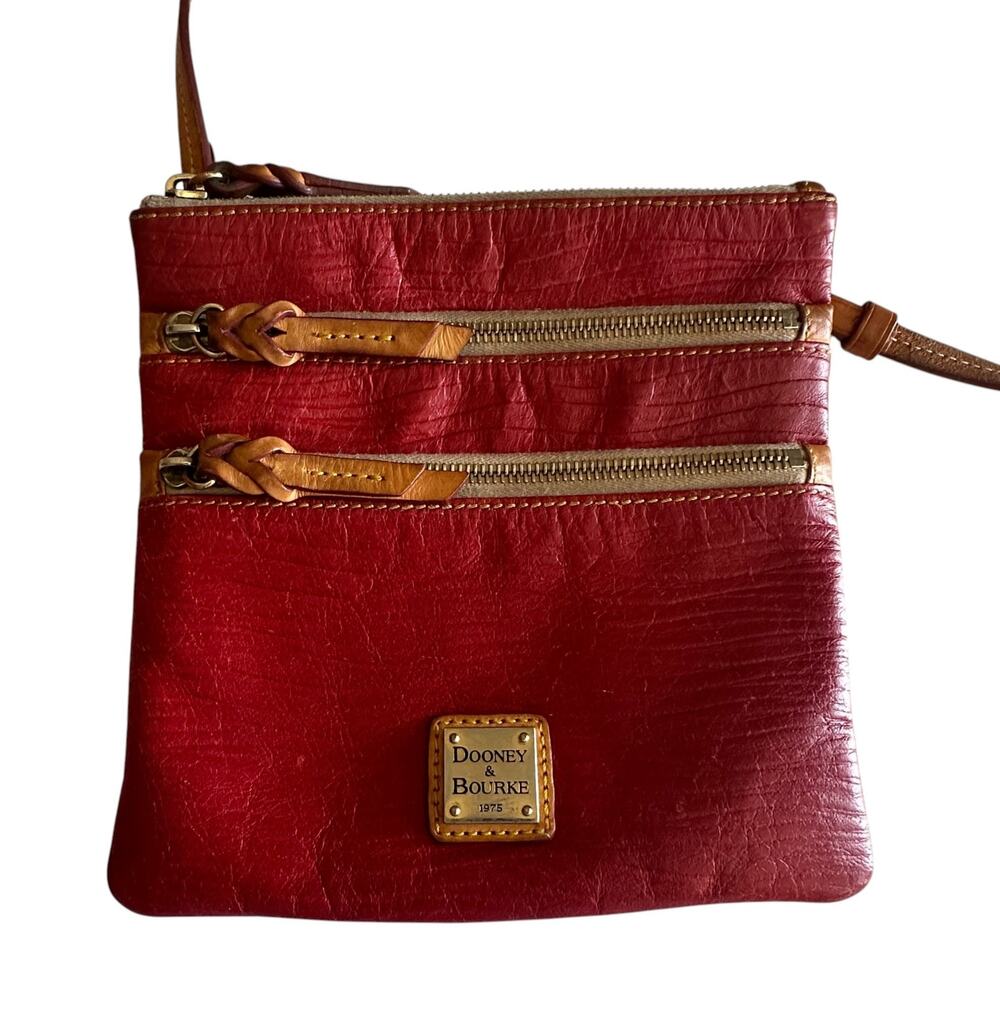 Dooney & Bourke Red Leather Triple Zip Crossbody Bag Classic Handbag Purse